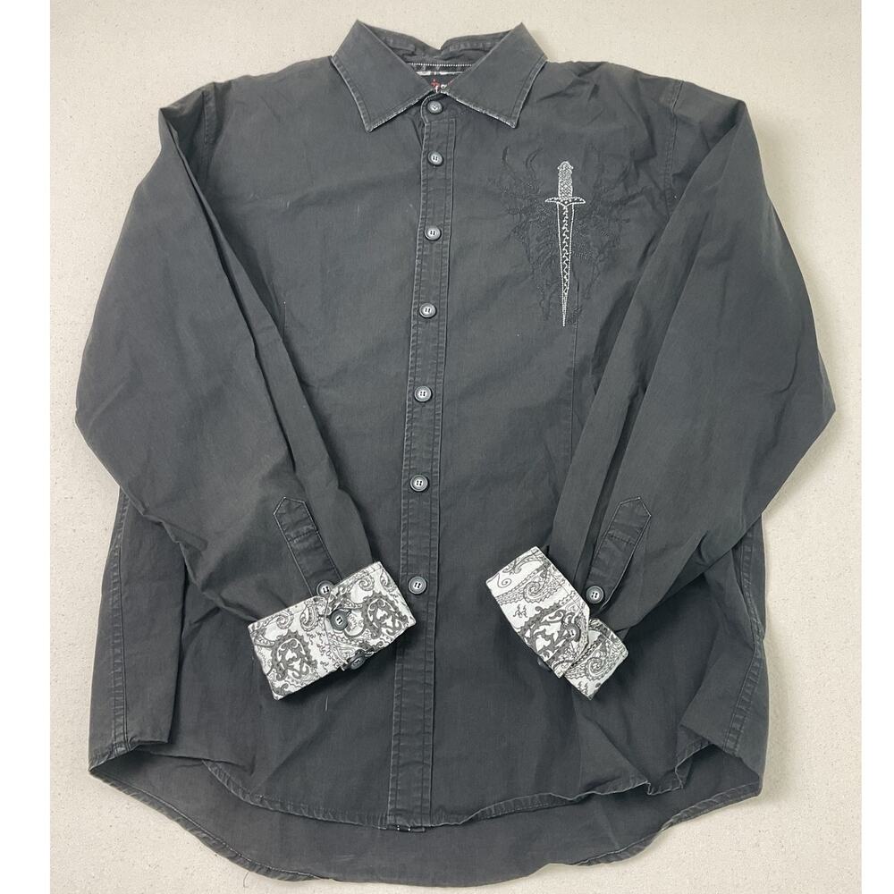 House of Lords Mens Casual Black Embroidered Button Down Shirt XL